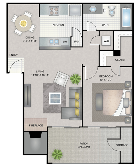 Floor plan for 1 bed, 1 bath, 691 sqft